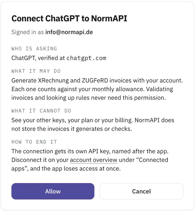 NormAPIs Seite „Connect ChatGPT to NormAPI“: wer fragt, was die App darf, was nicht, und wie man die Verbindung beendet
