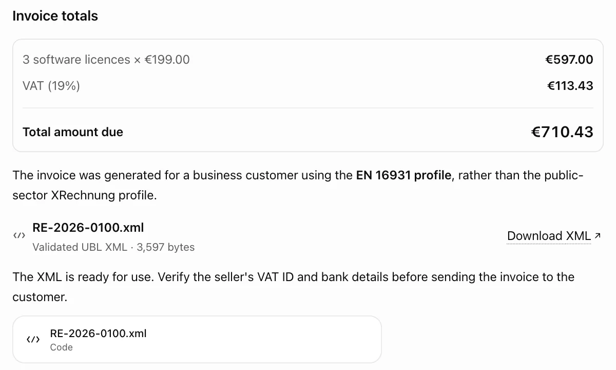Eine in ChatGPT erstellte Rechnung RE-2026-0100 mit den Summen 597,00 €, 113,43 € MwSt. und 710,43 € und der XML zum Herunterladen